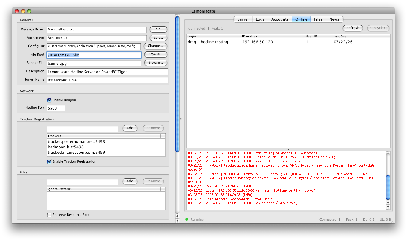 Lemoniscate — GUI admin app for managing a PowerPC Hotline server